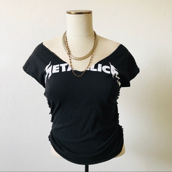 Tops - SOLD Restyled Off Shoulder Cut Up Metallica Tee